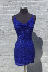 Dressystars Royal Blue Homecoming Dress Ruched Tight Short Sequin Prom Dress