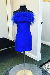 Dressystars Royal Blue Homecoming Dress Satin Tight Short Prom Dress with Feathers