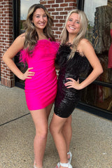 Dressystars Royal Blue Homecoming Dress Satin Tight Short Prom Dress with Feathers