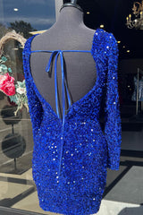 Dressystars Royal Blue Homecoming Dress Sequin Backless Short Prom Dress With Long Sleeves