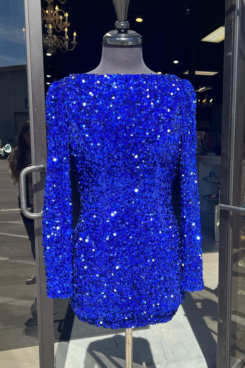 Dressystars Royal Blue Homecoming Dress Sequin Backless Short Prom Dress With Long Sleeves