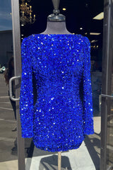 Dressystars Royal Blue Homecoming Dress Sequin Backless Short Prom Dress With Long Sleeves