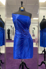 Dressystars Royal Blue Homecoming Dress Sequin One Shoulder Tight Short Prom Dress with Lace