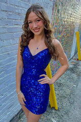 Dressystars Royal Blue Homecoming Dress Sequined Criss-Cross Straps Tight Short Prom Dress