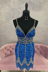 Dressystars Royal Blue Homecoming Dress Sequined Prom Dress With Fringes