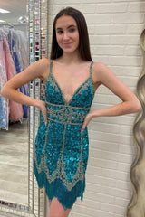 Dressystars Royal Blue Homecoming Dress Sequined Prom Dress With Fringes