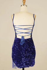 Dressystars Royal Blue Homecoming Dress Sequined Tight Prom Dress with Fringes
