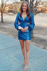 Dressystars Royal Blue Homecoming Dress Sequined Tight Short Prom Dress with Sleeves