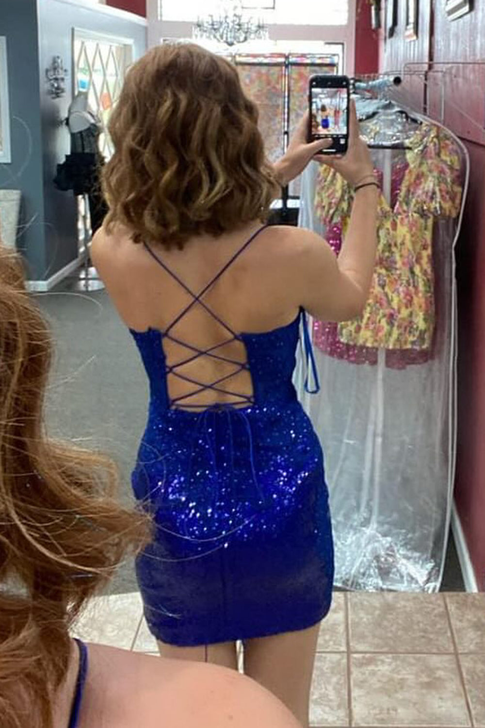 Dressystars Royal Blue Homecoming Dress Spaghetti Straps Tight Short Prom Dress with Sequin