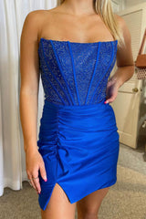 Dressystars Royal Blue Homecoming Dress Strapless Beaded Tight Prom Dress