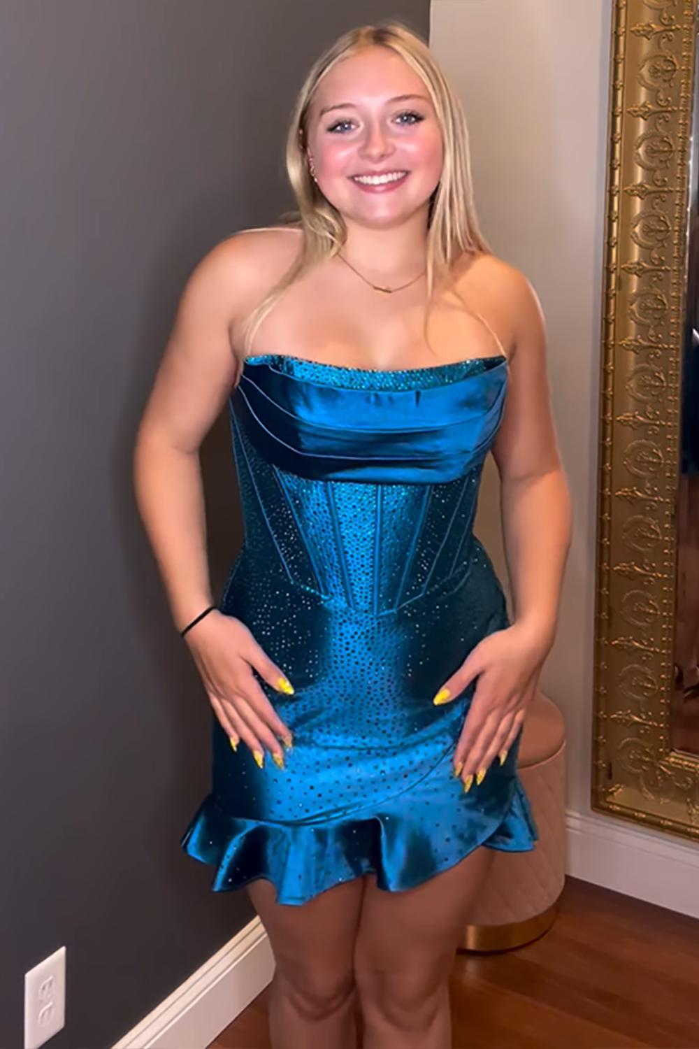 Dressystars Royal Blue Homecoming Dresses Corset Ruffled Beaded Short Tight Cocktail Dresses