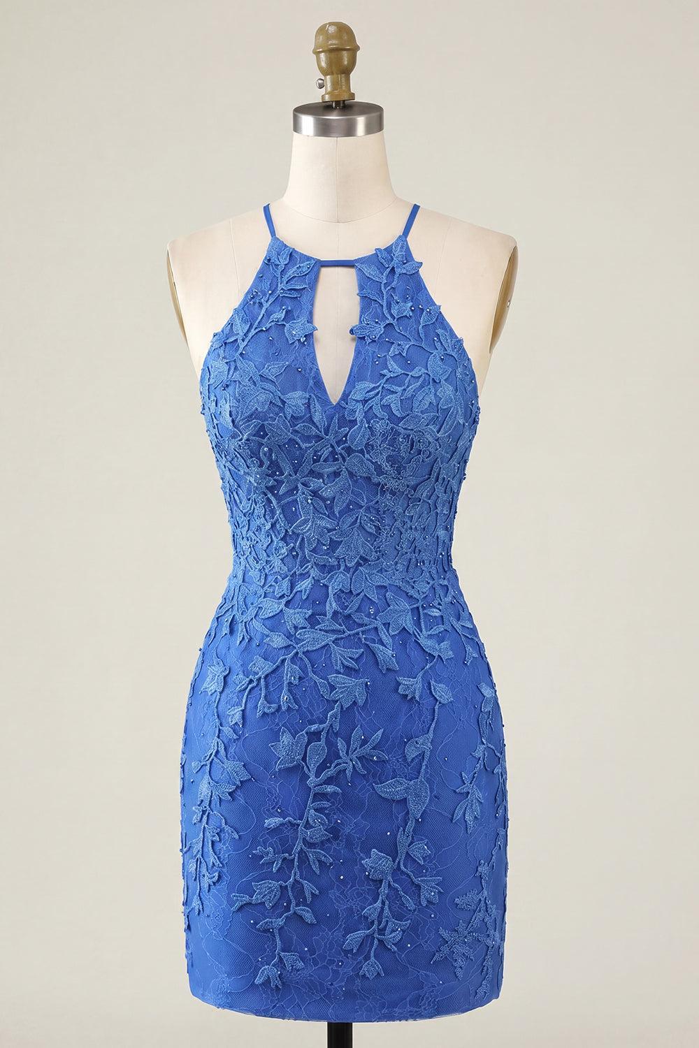 Dressystars Royal Blue Lace Appliqué Beaded Halter Tight Short Homecoming Dress