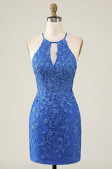 Dressystars Royal Blue Lace Appliqué Beaded Halter Tight Short Homecoming Dress