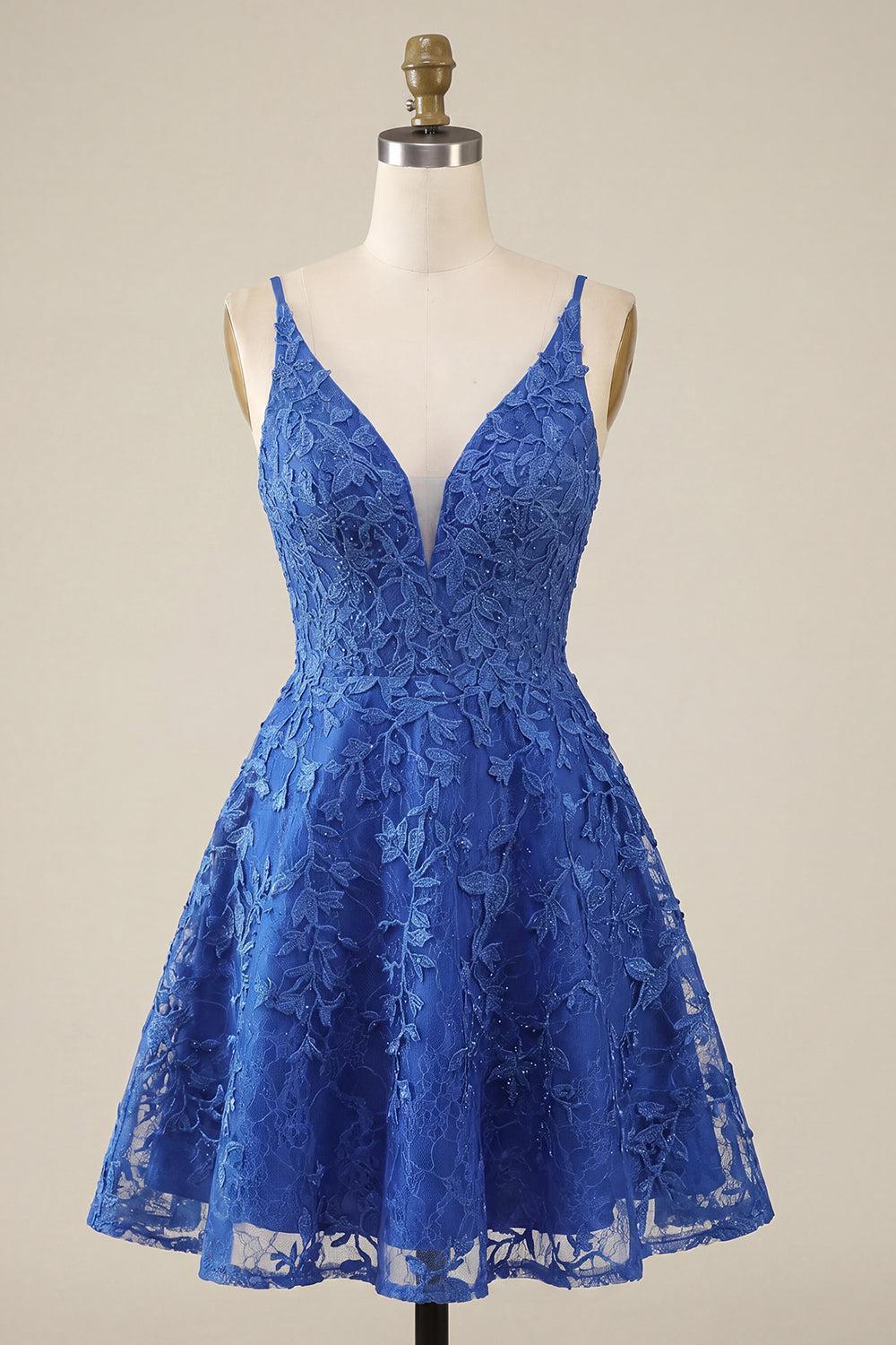 Dressystars Royal Blue Lace Appliqué Beaded V-Neck A-Line Short Homecoming Dress