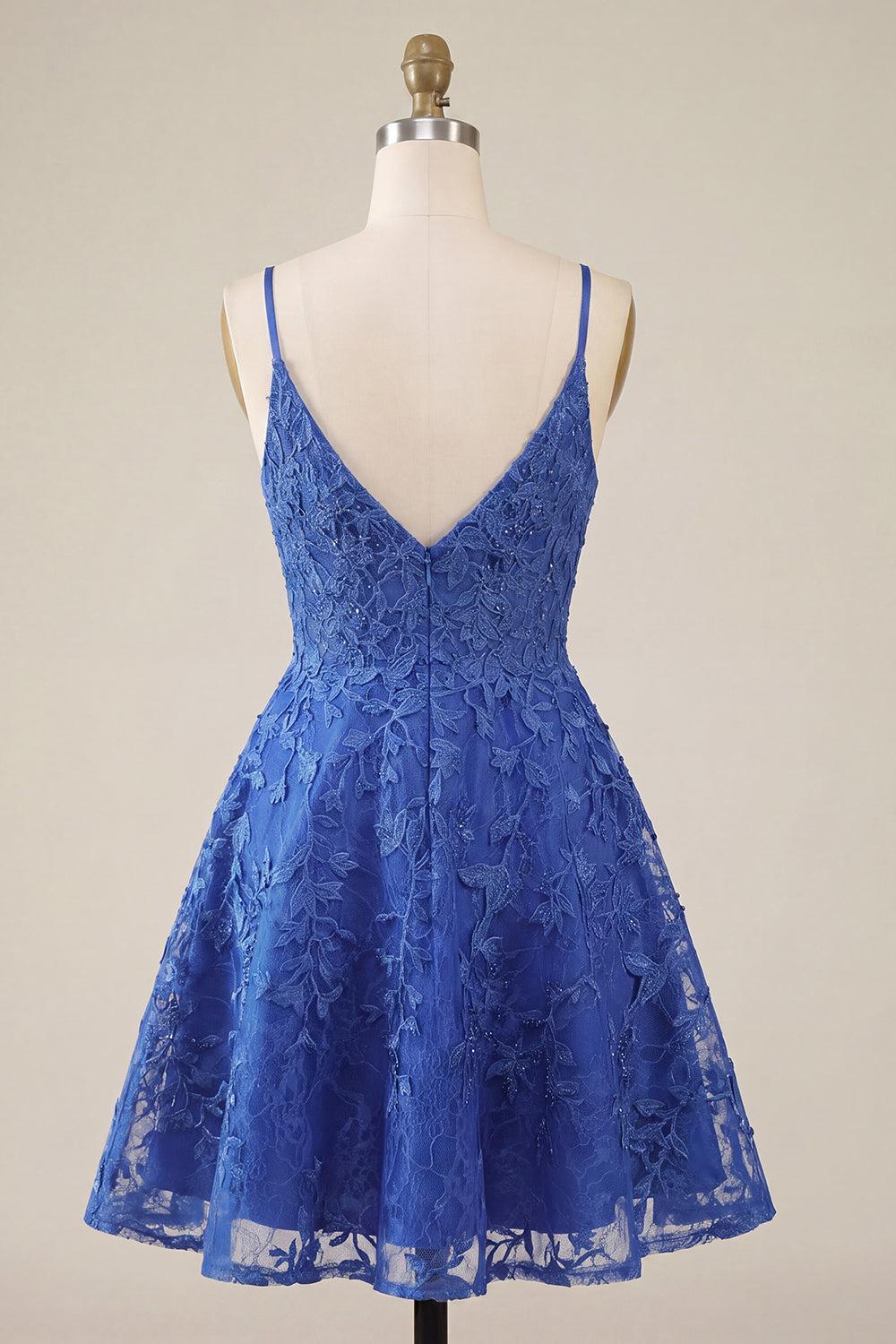Dressystars Royal Blue Lace Appliqué Beaded V-Neck A-Line Short Homecoming Dress