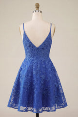 Dressystars Royal Blue Lace Appliqué Beaded V-Neck A-Line Short Homecoming Dress