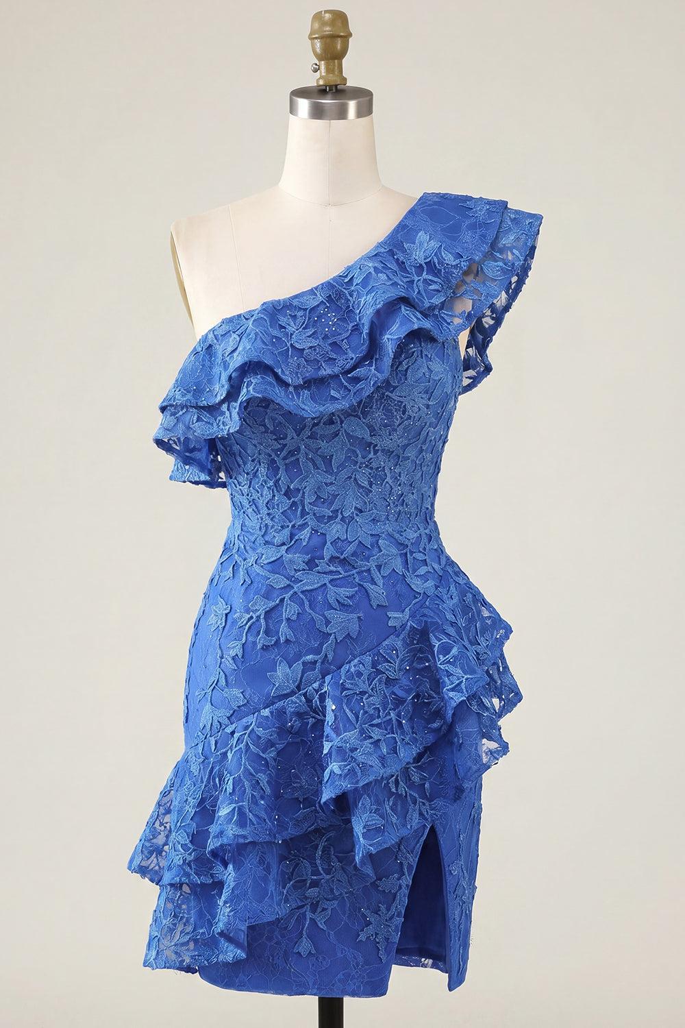 Dressystars Royal Blue One-Shoulder Lace Beaded Ruffled Tight Short Homecoming Dress