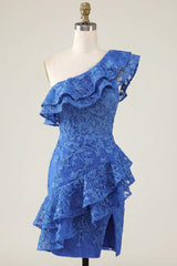 Dressystars Royal Blue One-Shoulder Lace Beaded Ruffled Tight Short Homecoming Dress