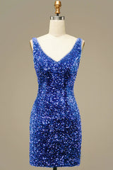Dressystars Royal Blue Prom Dress V Neck Open Back Sequined Tight Short Homecoming Dress