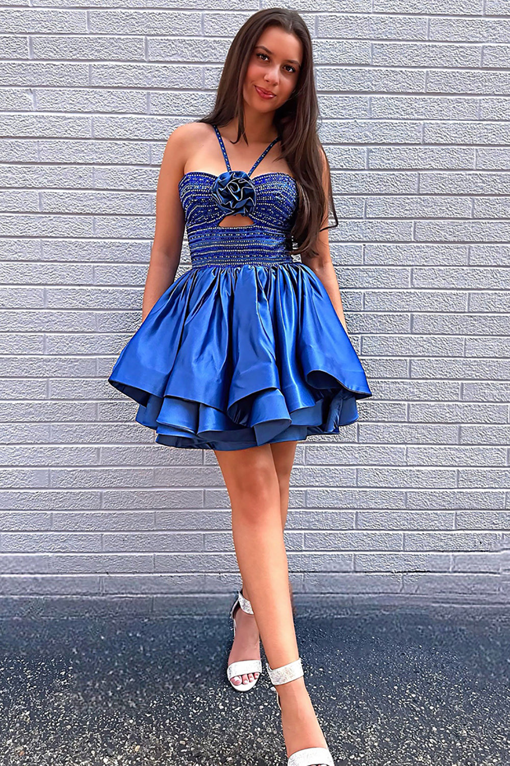 Dressystars Royal Blue Ruffled Homecoming Dresses Halter Beaded Short Cocktail Dresses With 3D Flower