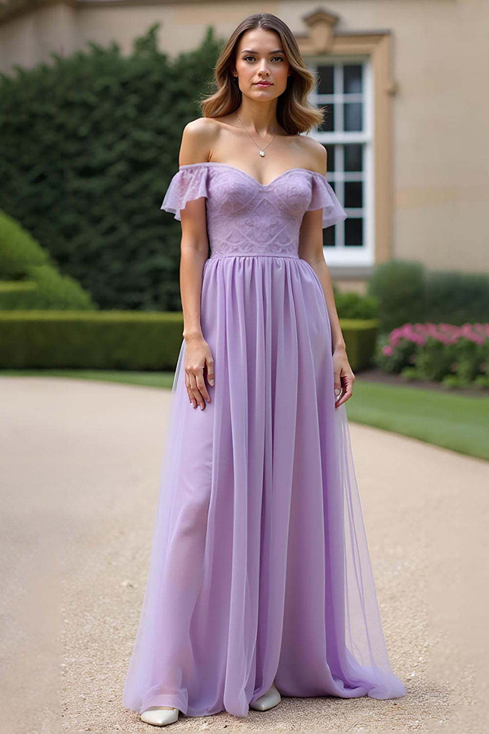 Dressystars Ruched A Line Tulle Lilac Long Formal Dress