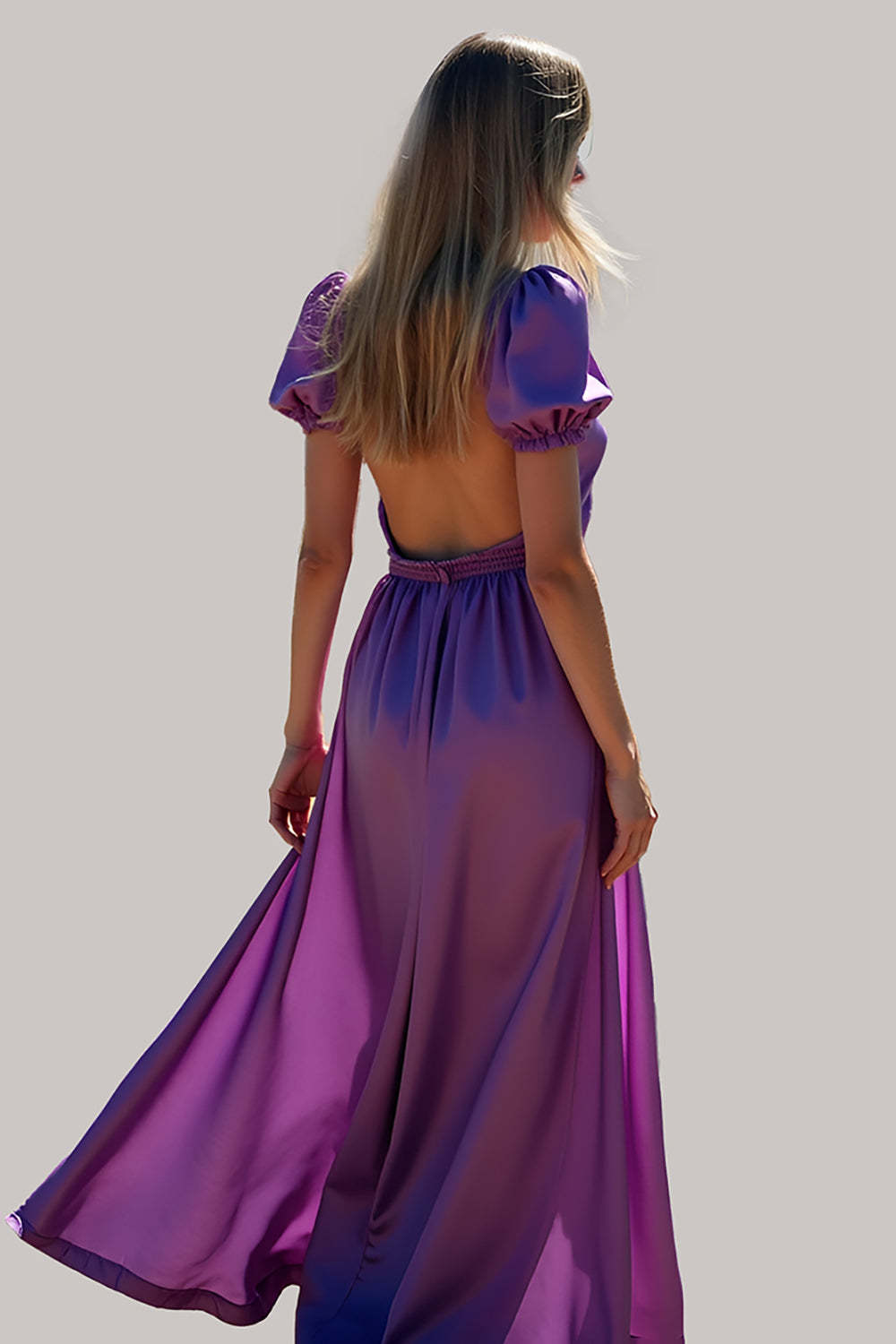 Dressystars Ruched Long Backless Purple Wedding Guest Dress Formal Dress With Puff Sleeves