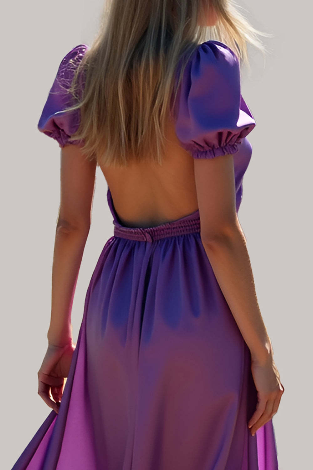 Dressystars Ruched Long Backless Purple Wedding Guest Dress Formal Dress With Puff Sleeves
