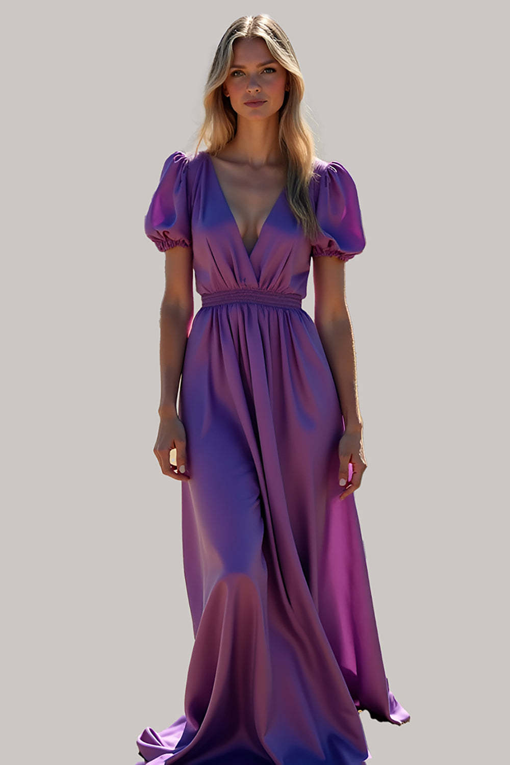 Dressystars Ruched Long Backless Purple Wedding Guest Dress Formal Dress With Puff Sleeves