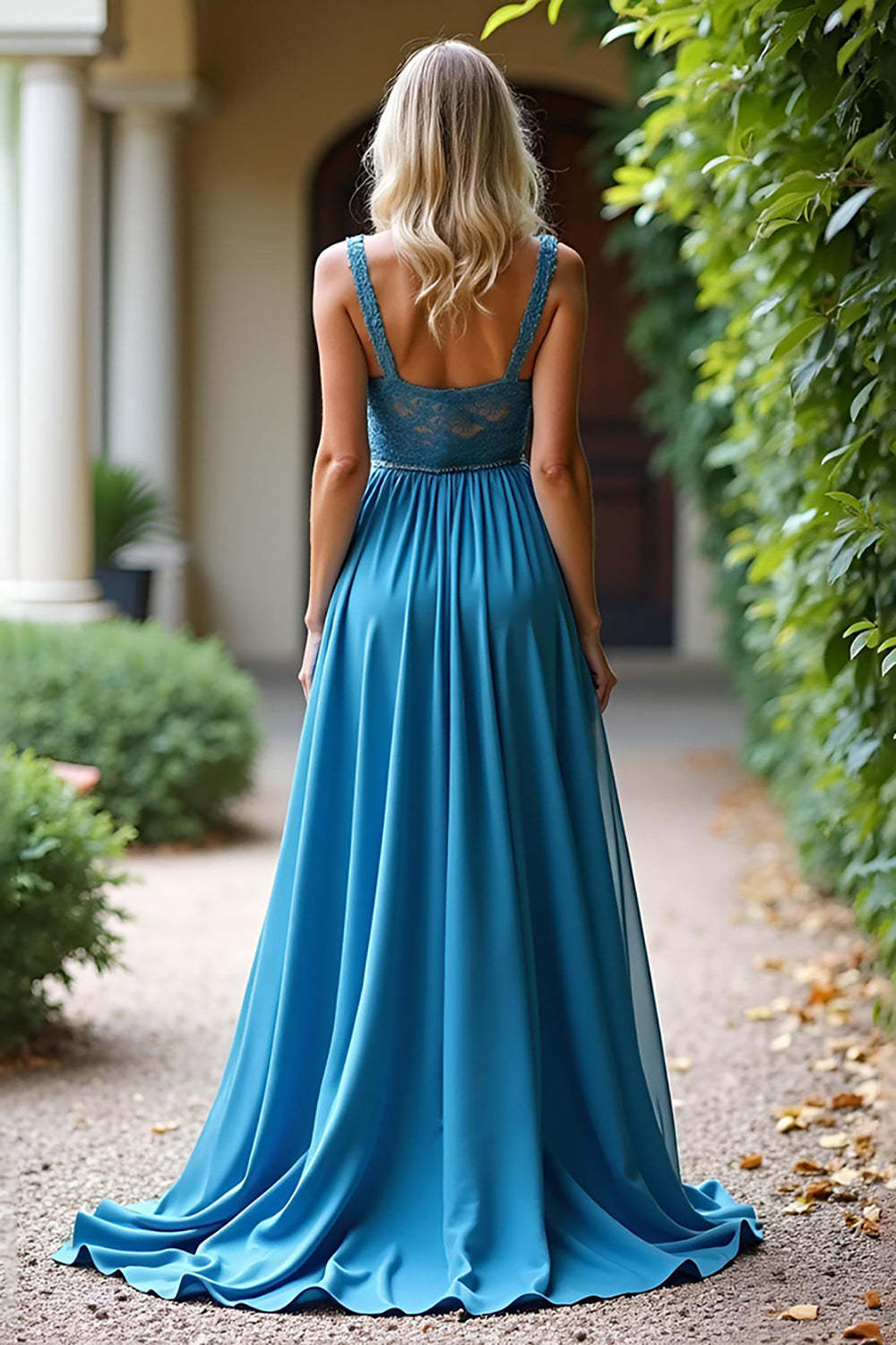 Dressystars Ruched Long Dusty Blue Wedding Guest Dress A Line Formal Dress With Lace