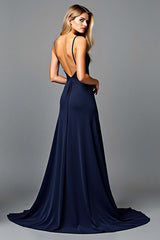 Dressystars Ruched Navy Wedding Guest Dress V-Neck Long Formal Dress With Slit