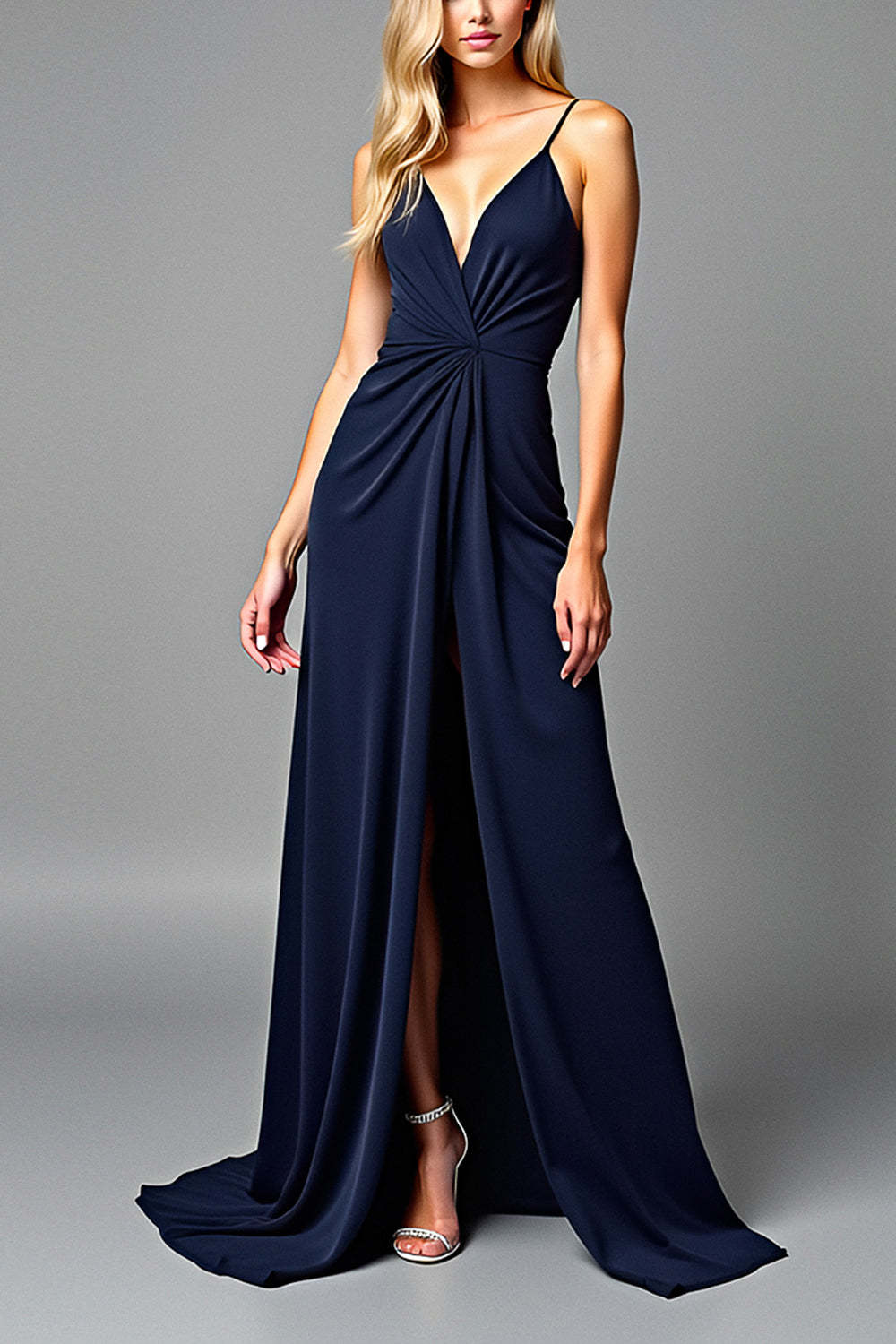 Dressystars Ruched Navy Wedding Guest Dress V-Neck Long Formal Dress With Slit