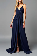 Dressystars Ruched Navy Wedding Guest Dress V-Neck Long Formal Dress With Slit