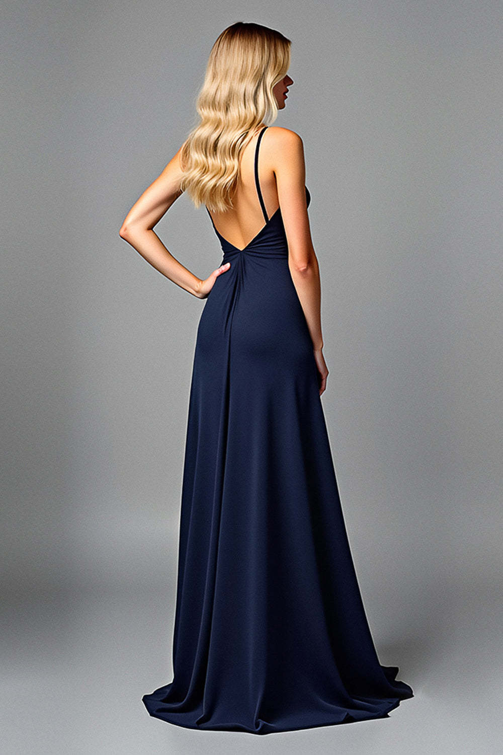 Dressystars Ruched Navy Wedding Guest Dress V-Neck Long Formal Dress With Slit
