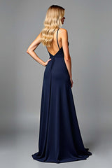 Dressystars Ruched Navy Wedding Guest Dress V-Neck Long Formal Dress With Slit