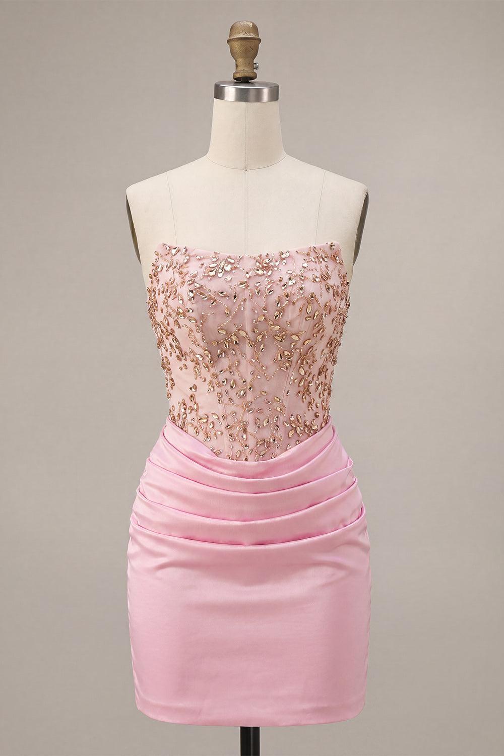 Dressystars Ruched Pink Short Corset Homecoming Dress with Rhinestones