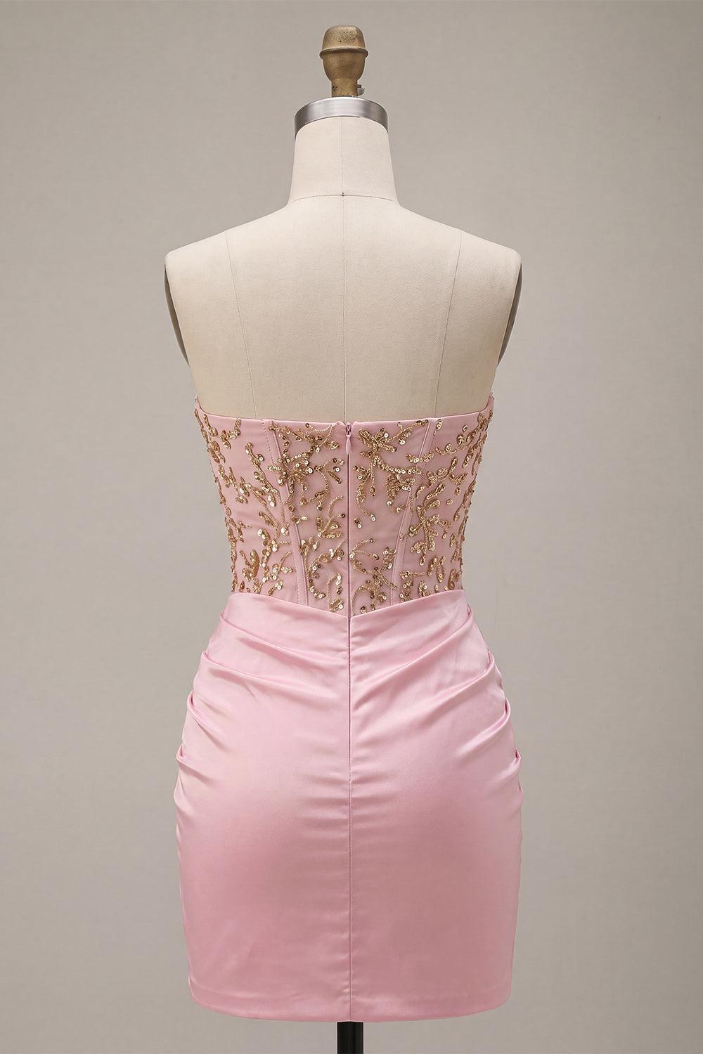 Dressystars Ruched Pink Short Corset Homecoming Dress with Rhinestones