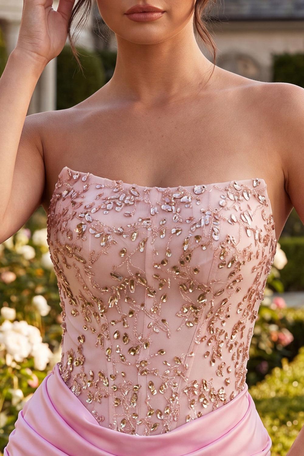 Dressystars Ruched Pink Short Corset Homecoming Dress with Rhinestones