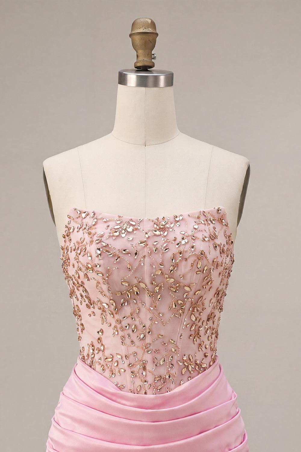 Dressystars Ruched Pink Short Corset Homecoming Dress with Rhinestones