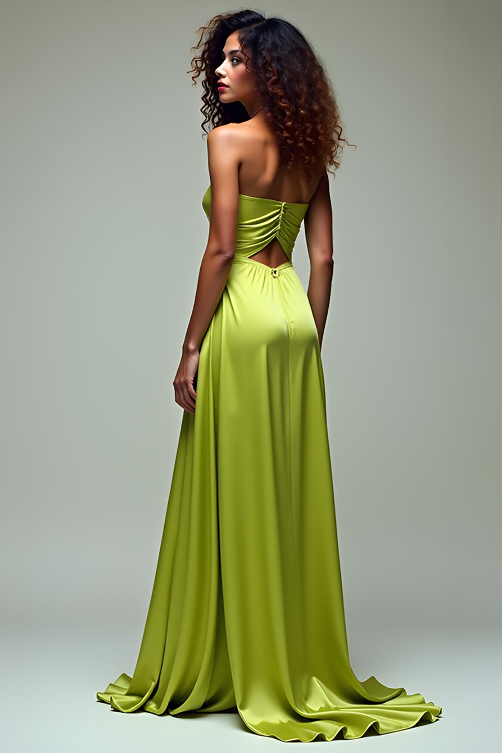 Dressystars Ruched Square Neck Lemon Green Wedding Guest Dress Long Formal Dress With Slit