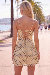 Dressystars Ruffled A Line Keyhole Champagne Black Dot Short Homecoming Dress