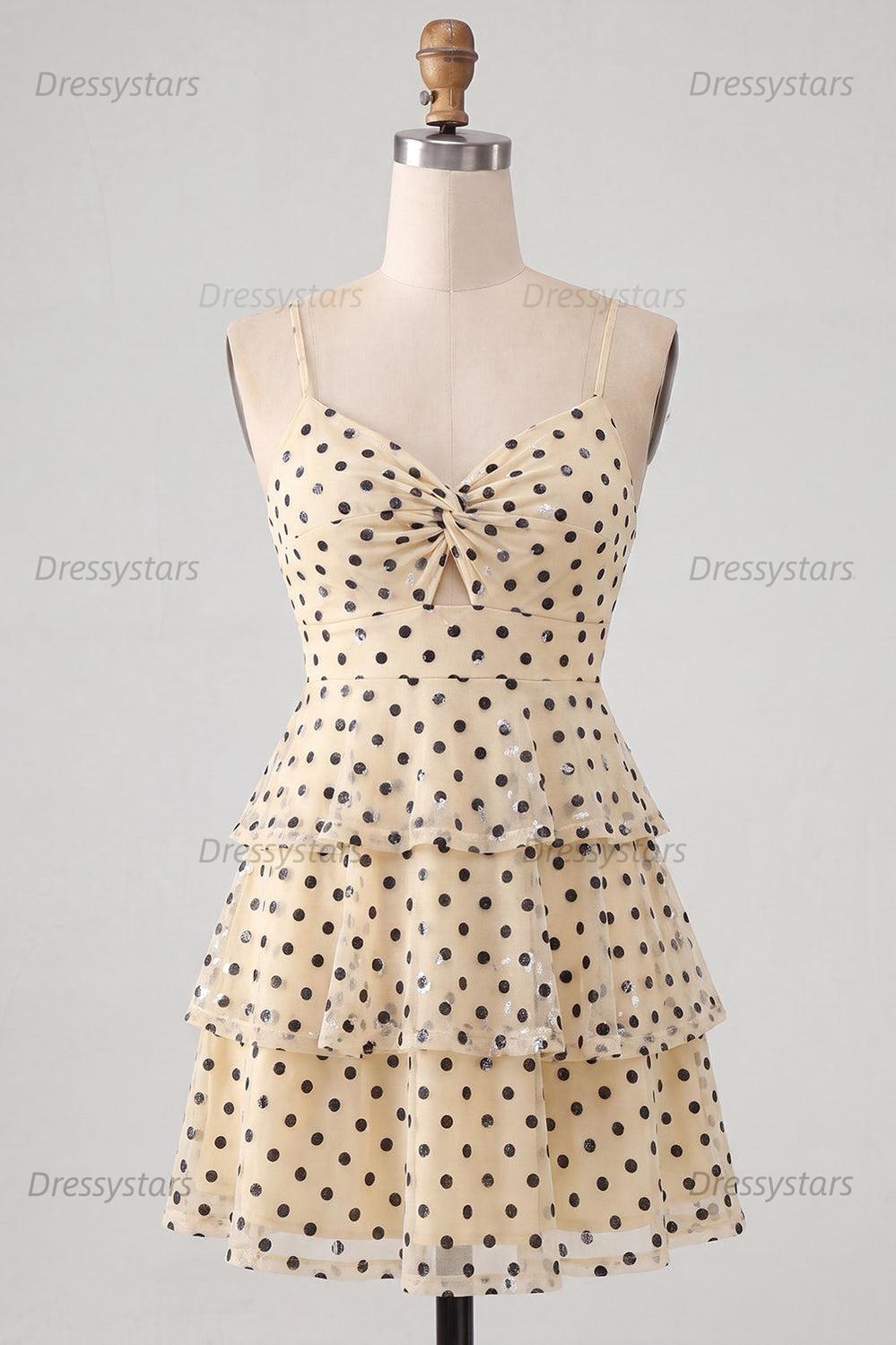 Dressystars Ruffled A Line Keyhole Champagne Black Dot Short Homecoming Dress
