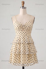 Dressystars Ruffled A Line Keyhole Champagne Black Dot Short Homecoming Dress