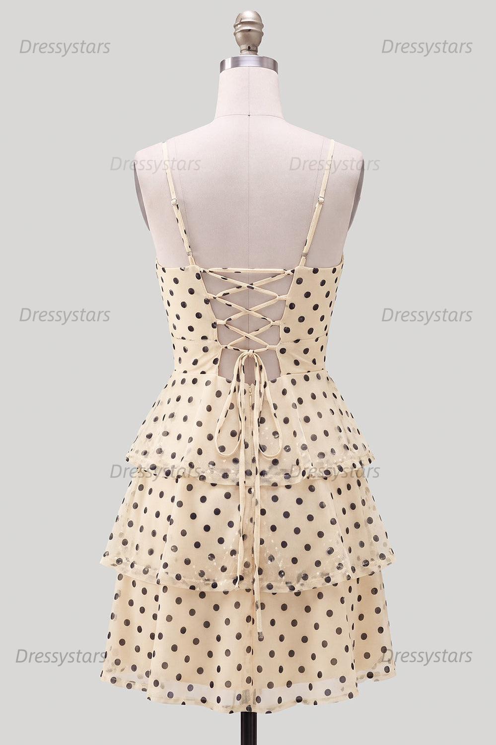 Dressystars Ruffled A Line Keyhole Champagne Black Dot Short Homecoming Dress