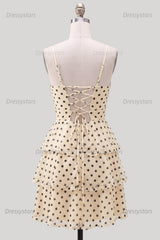 Dressystars Ruffled A Line Keyhole Champagne Black Dot Short Homecoming Dress