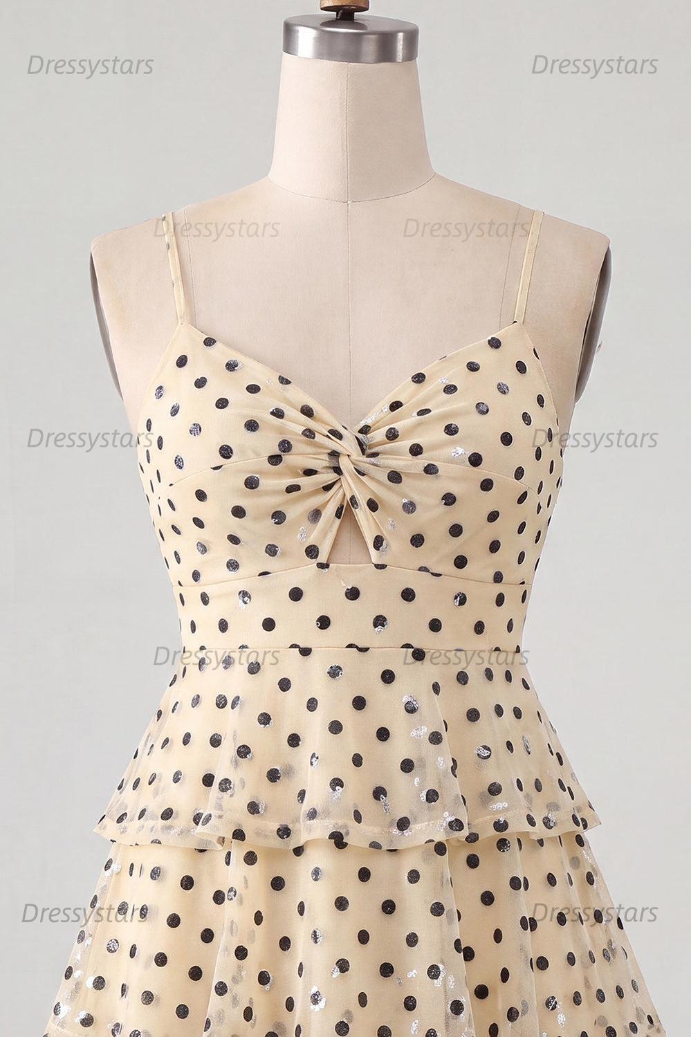 Dressystars Ruffled A Line Keyhole Champagne Black Dot Short Homecoming Dress