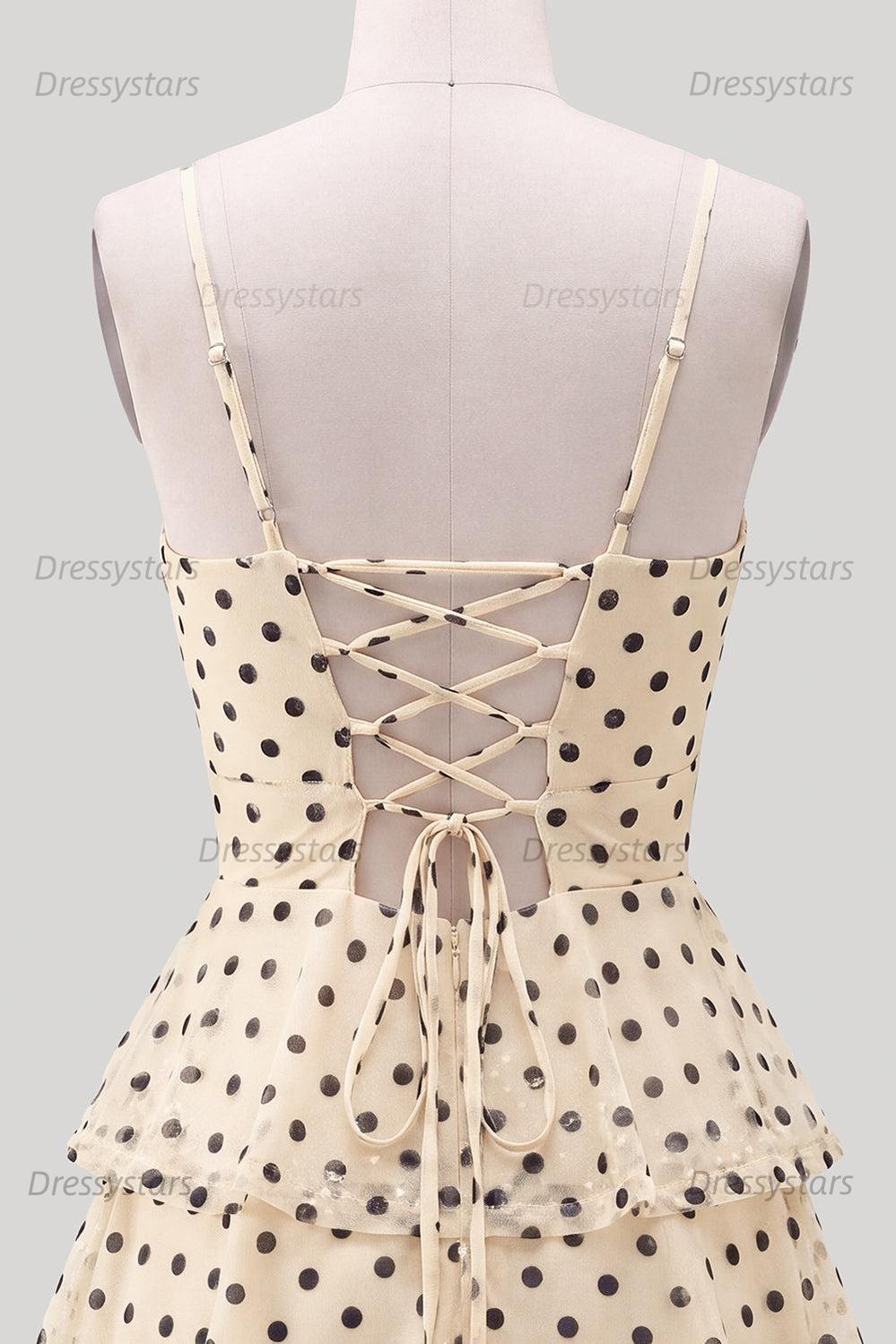 Dressystars Ruffled A Line Keyhole Champagne Black Dot Short Homecoming Dress