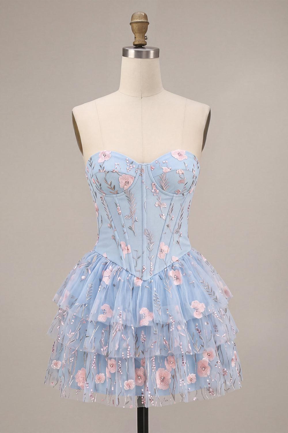 Dressystars Ruffled Beaded Light Blue Corset Floral Tiered Short Homecoming Dress
