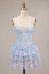 Dressystars Ruffled Beaded Light Blue Corset Floral Tiered Short Homecoming Dress
