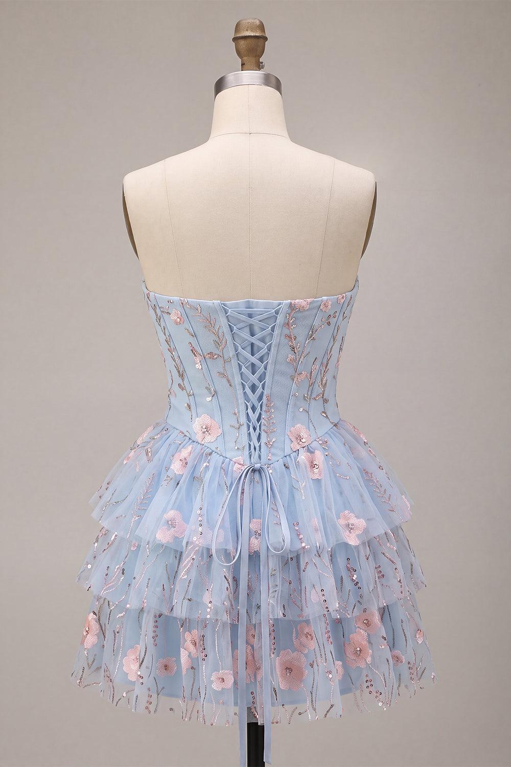 Dressystars Ruffled Beaded Light Blue Corset Floral Tiered Short Homecoming Dress