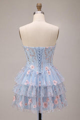 Dressystars Ruffled Beaded Light Blue Corset Floral Tiered Short Homecoming Dress